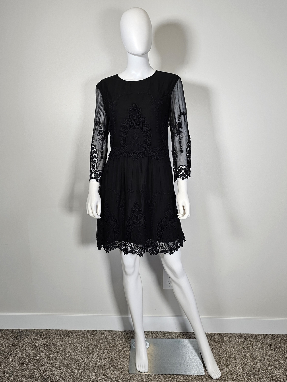 Dolce Vita Black Lace Long Sleeve Silk Mini Dress Sz M/L